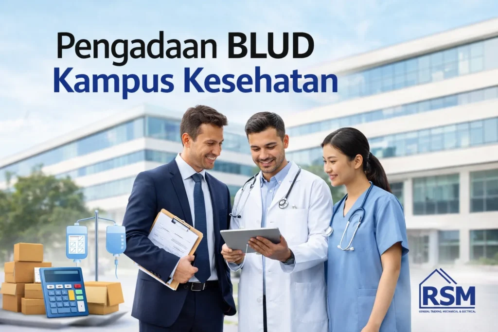 Ilustrasi profesional pengadaan BLUD kampus kesehatan yang menampilkan kolaborasi tenaga medis dan manajemen dalam proses pengadaan barang dan jasa.