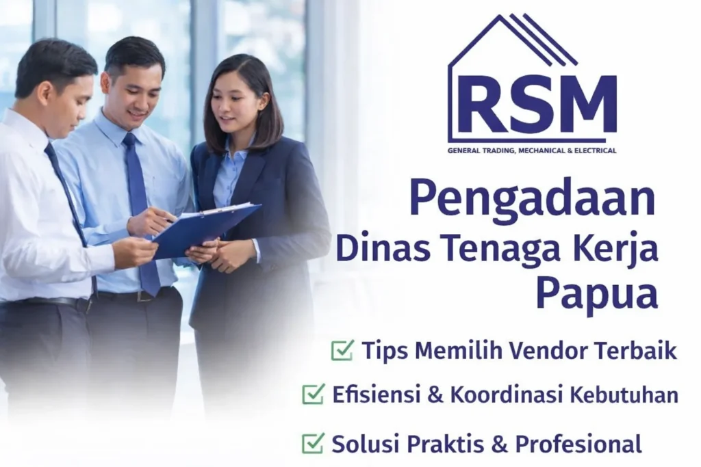 Feature image pengadaan Dinas Tenaga Kerja Papua menampilkan tim profesional berdiskusi dengan logo RSM serta poin tips memilih vendor, efisiensi, dan solusi pengadaan terpercaya.