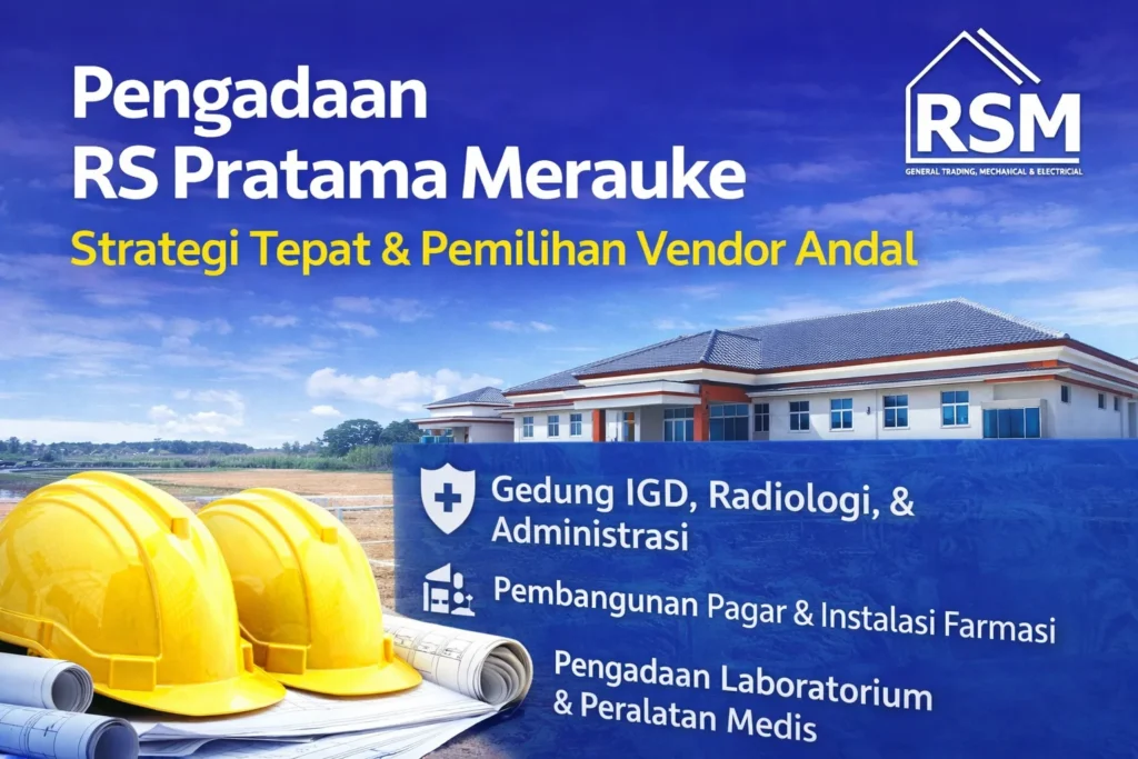 Feature image pengadaan RS Pratama Merauke menampilkan pembangunan fasilitas rumah sakit di Distrik Kimaam dengan elemen konstruksi serta logo Rehobot Sukses Mandiri sebagai vendor pengadaan pemerintah terpercaya