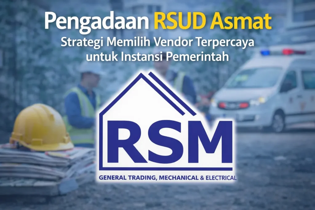 Ilustrasi pengadaan RSUD Asmat dengan logo RSM di tengah, menampilkan konsep vendor dan penyedia pemerintah, alat kesehatan, serta aktivitas lapangan dalam desain profesional dan modern.