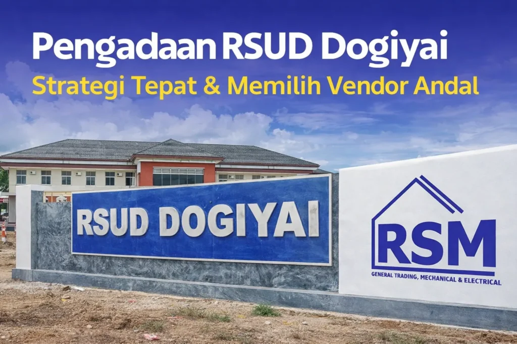 Feature image pengadaan RSUD Dogiyai dengan tampilan gedung rumah sakit dan plang bertuliskan RSUD Dogiyai serta logo Rehobot Sukses Mandiri sebagai vendor pengadaan terpercaya pemerintah