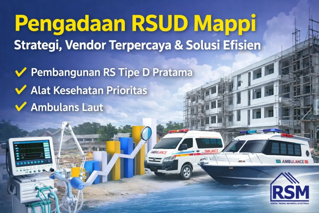 Ilustrasi pengadaan RSUD Mappi dengan pembangunan RS, alat kesehatan, ambulans, dan logo Rehobot Sukses Mandiri