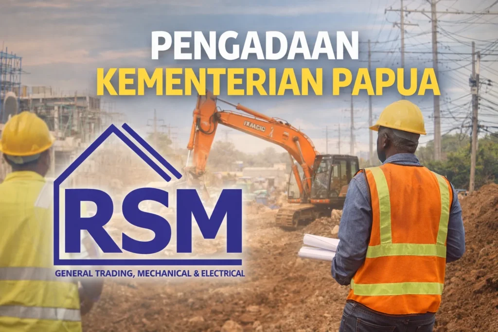 Feature image pengadaan kementerian Papua menampilkan aktivitas proyek konstruksi dengan alat berat excavator, pekerja lapangan mengenakan rompi keselamatan dan helm proyek, serta logo RSM sebagai penyedia jasa general trading, mechanical, dan electrical.