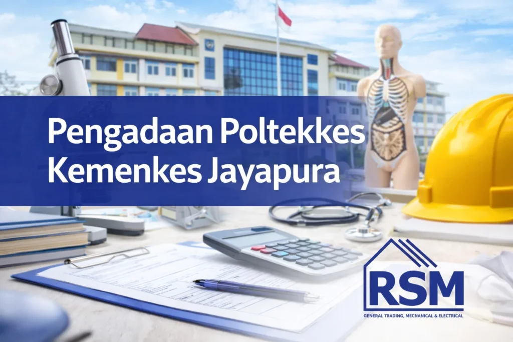 Ilustrasi profesional pengadaan Poltekkes Kemenkes Jayapura dengan perlengkapan medis, dokumen administrasi, dan logo Rehobot Sukses Mandiri sebagai vendor penyedia terpercaya untuk instansi pemerintah.