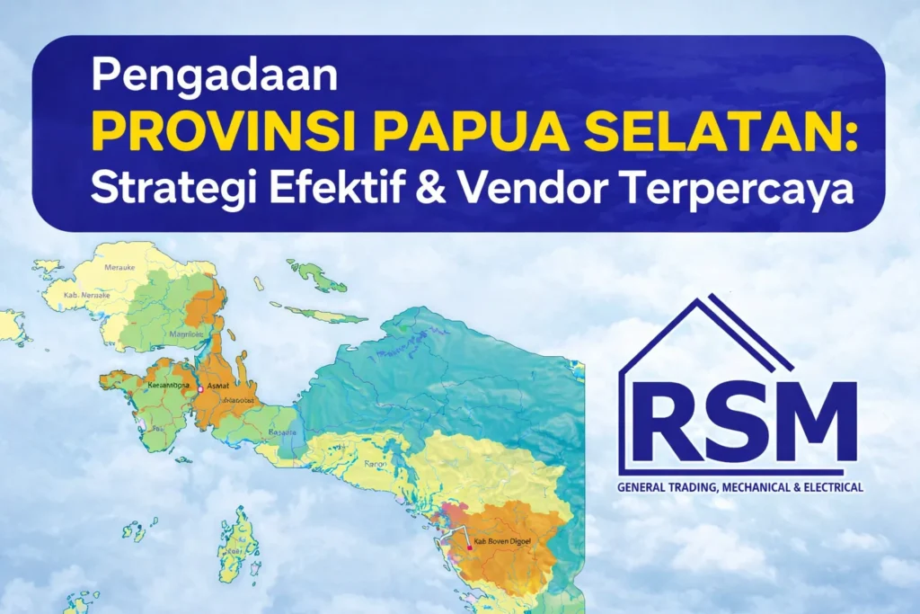 Feature image pengadaan Provinsi Papua Selatan dengan peta wilayah Merauke, Asmat, Mappi, dan Boven Digoel serta logo Rehobot Sukses Mandiri sebagai vendor penyedia terpercaya untuk kebutuhan pemerintah.